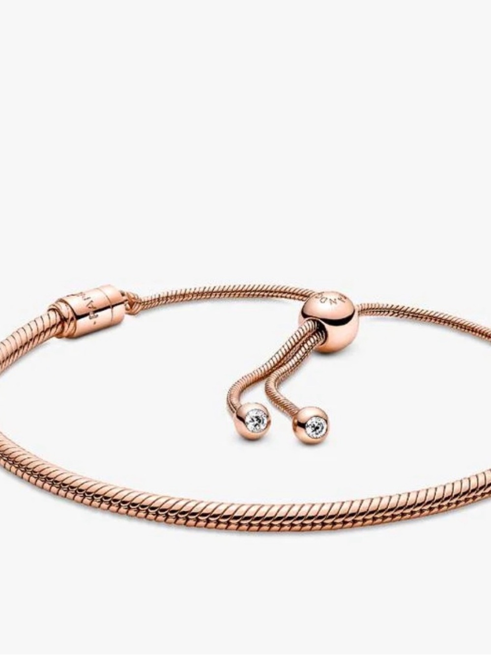 Pandora Rose Gold Sliding Snake Chain Bracelet with Crystal Ends